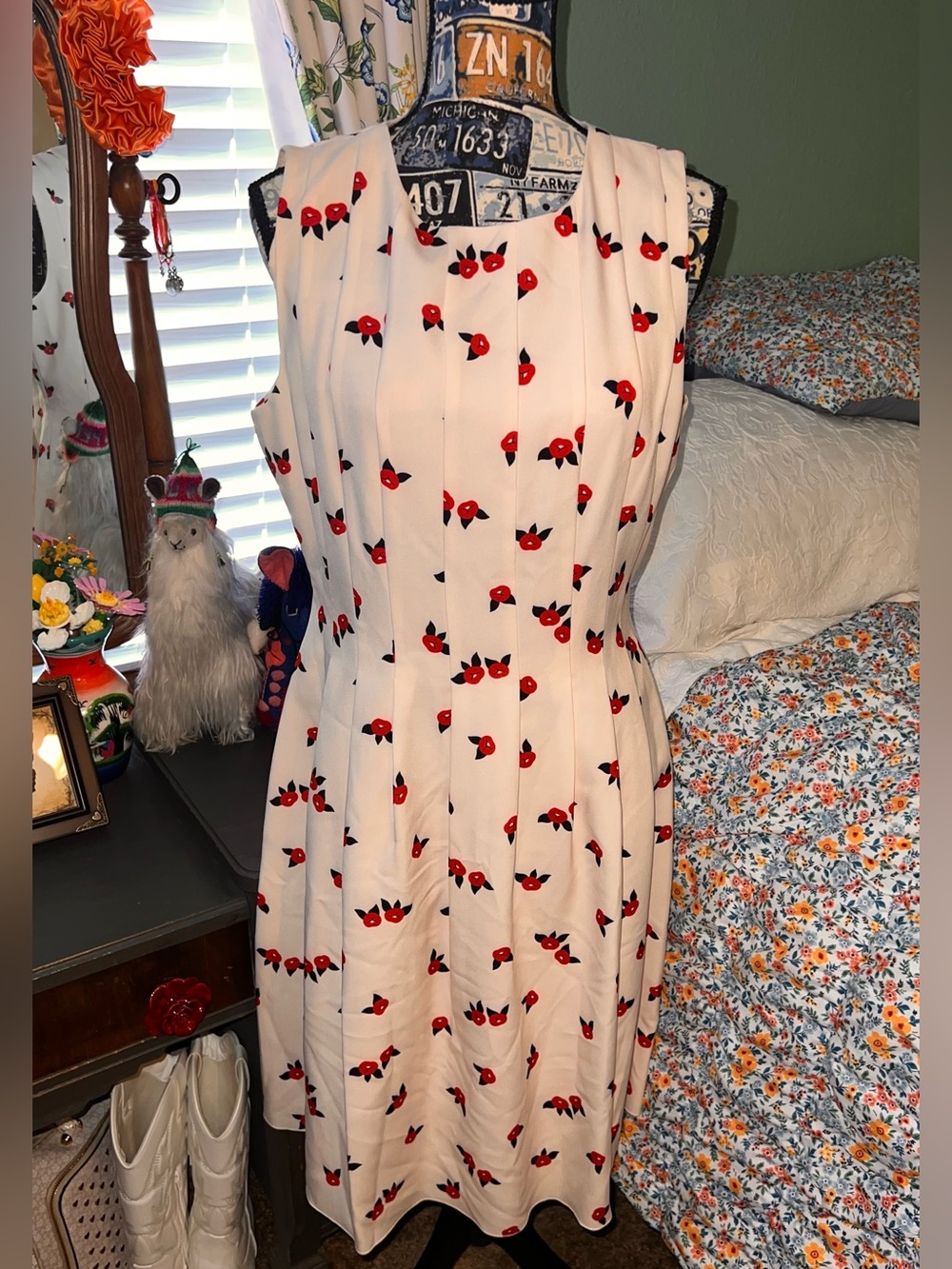Anne Klein White Sleeveless Dress with Red and Black Floral Accents